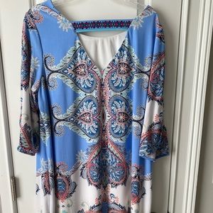 Dress Barn-Mid length dress. 16. Light blue pattern, cut-out detail on sleeve.